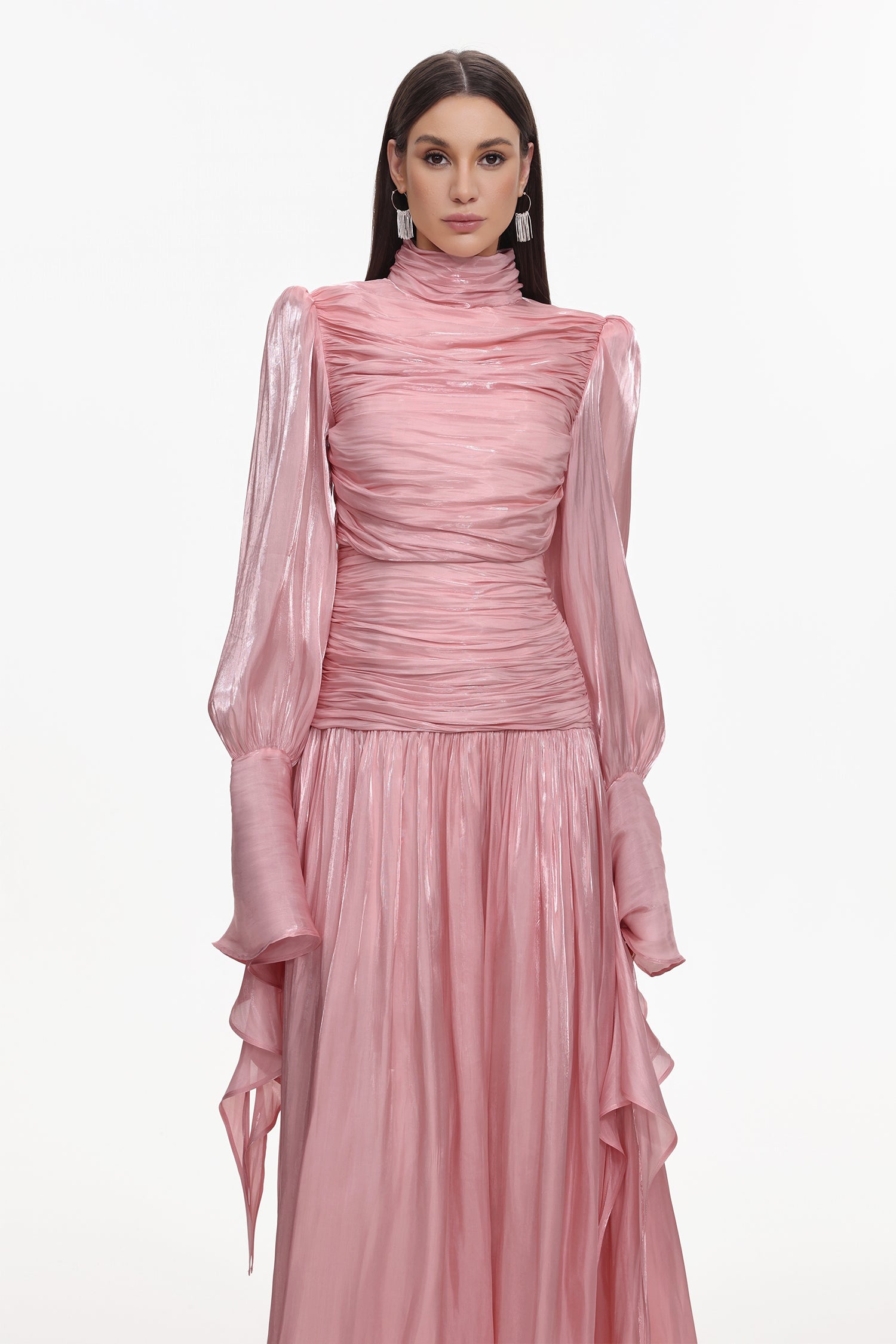 Viky Resort Waist-Defining Long Sleeve Ruched Woven Dark Pink Maxi Dress