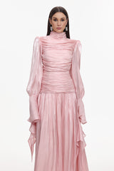 Viky Resort Waist-Defining Long Sleeve Ruched Woven Maxi Dress