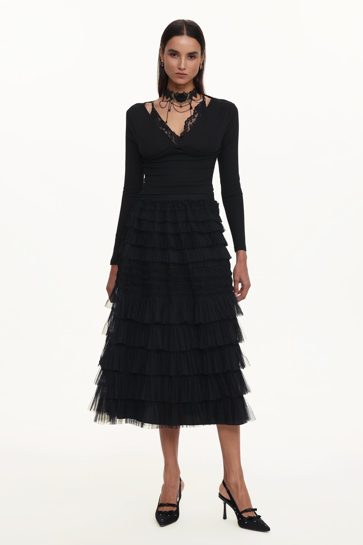 Tihila Romantic Contour V Neck Long Sleeve Buttoned Layered Lace Maxi Dress
