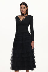 Tihila Romantic Contour V Neck Long Sleeve Buttoned Layered Lace Maxi Dress
