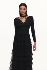 Tihila Romantic Contour V Neck Long Sleeve Buttoned Layered Lace Maxi Dress