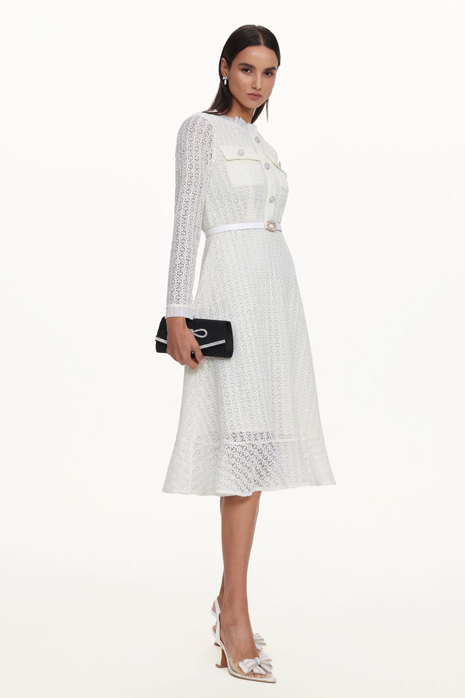 Deme Elegant Flowy Long Sleeve Rhinestone Woven Maxi Dress