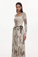 Margaret Resort Flowy Round Neck Long Sleeve Floral Print Pleated Woven Maxi Dress