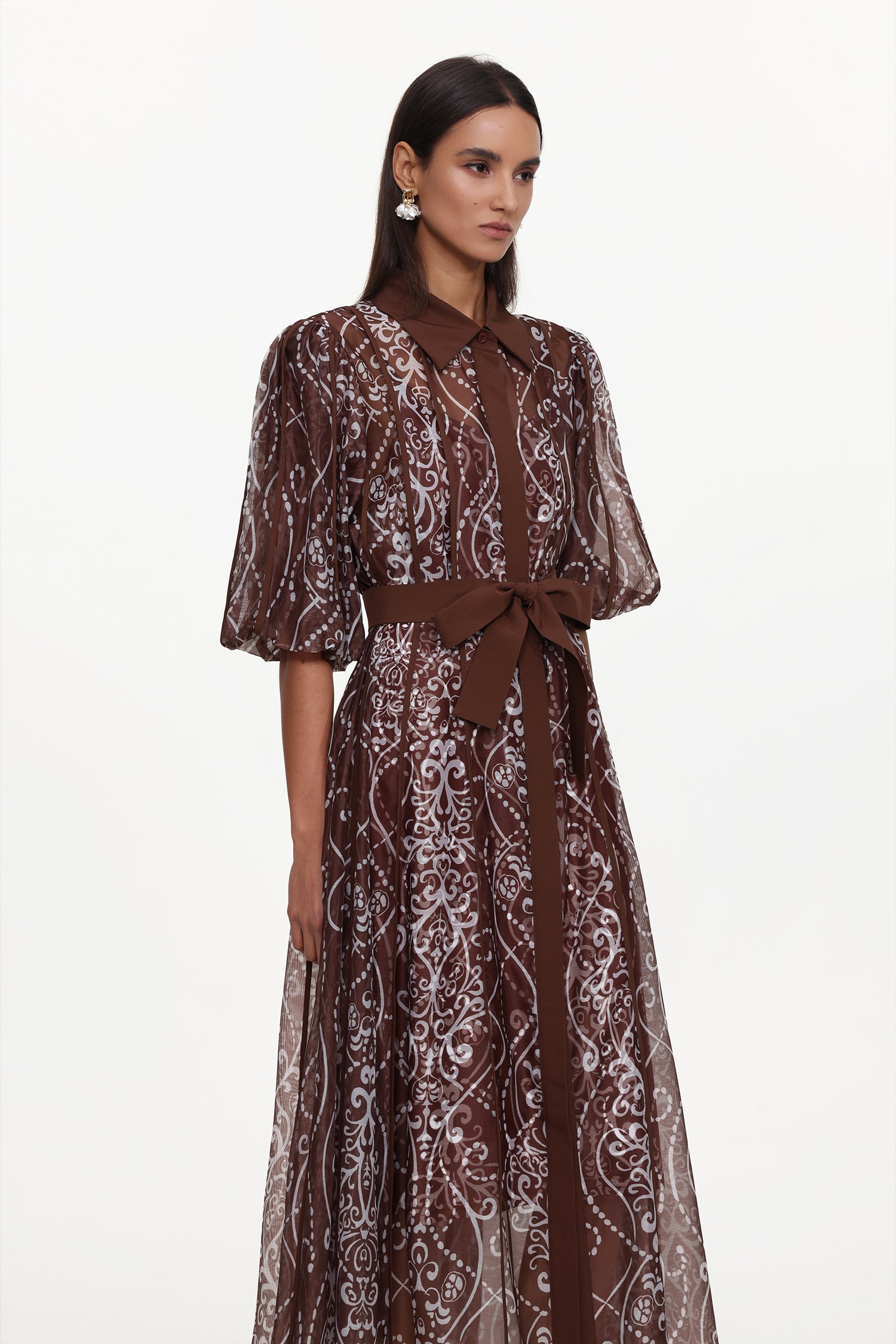 Vakana Resort Flowy Puff Sleeve Floral Woven Brown Maxi Dress