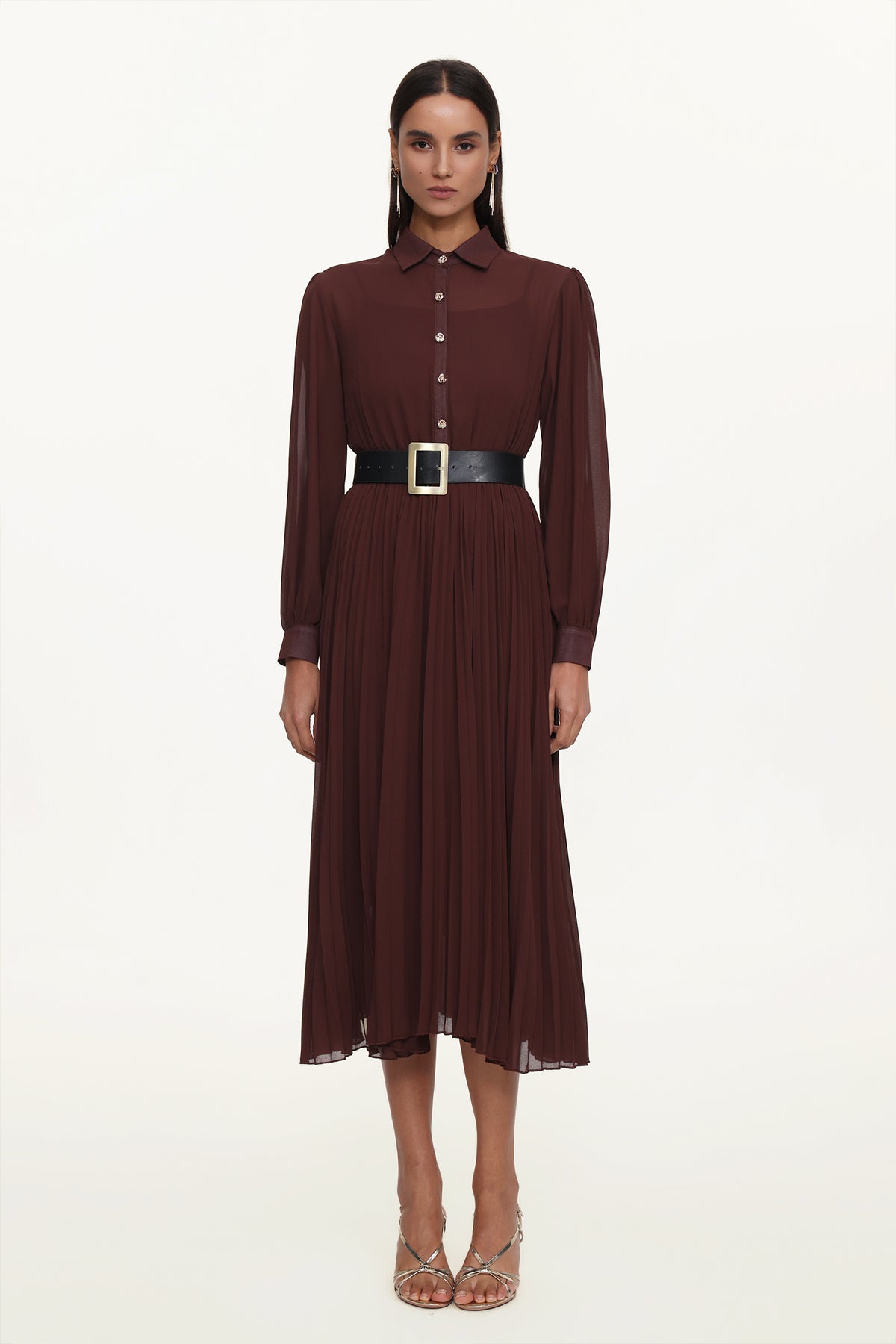 Evie Elegant Flowy Long Sleeve Pleated Woven Maxi Dress