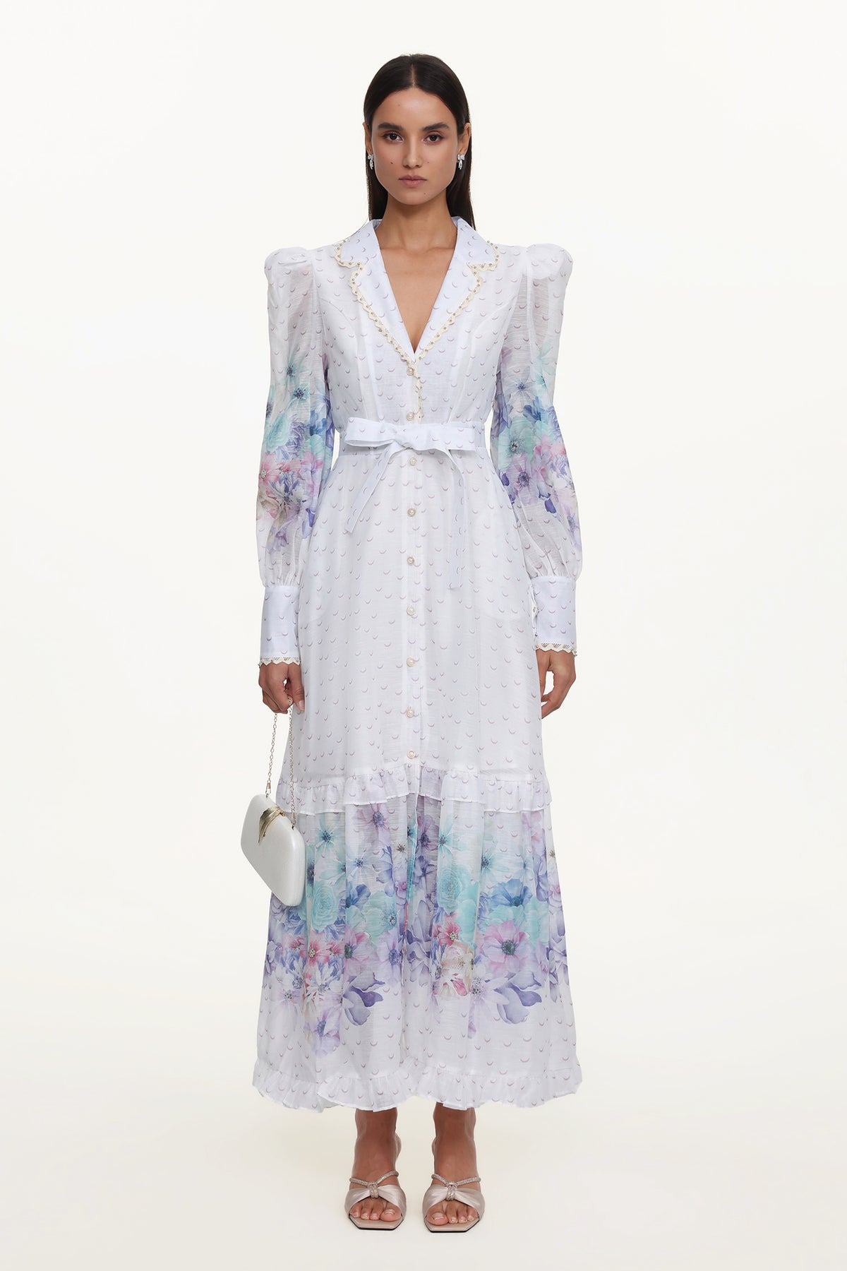 Rina Resort Flowy Long Sleeve Floral Print Ruffle Woven Maxi Dress