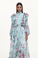 Emberson Resort Flowy Long Sleeve Floral Print Ruffle Woven Maxi Dress