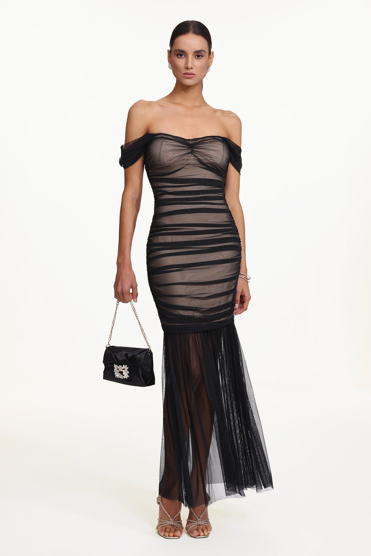 Emilee Elegant Contour Off Shoulder Ruched Mesh Maxi Dress