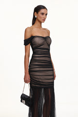 Emilee Elegant Contour Off Shoulder Ruched Mesh Maxi Dress