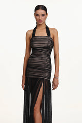 Izara Chic Contour Halter Ruched Tulle Maxi Dress