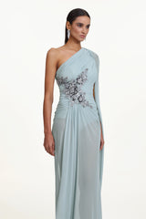Kaylee Elegant Flowy One Shoulder Sequin Embroidered Ruched Mesh Maxi Dress