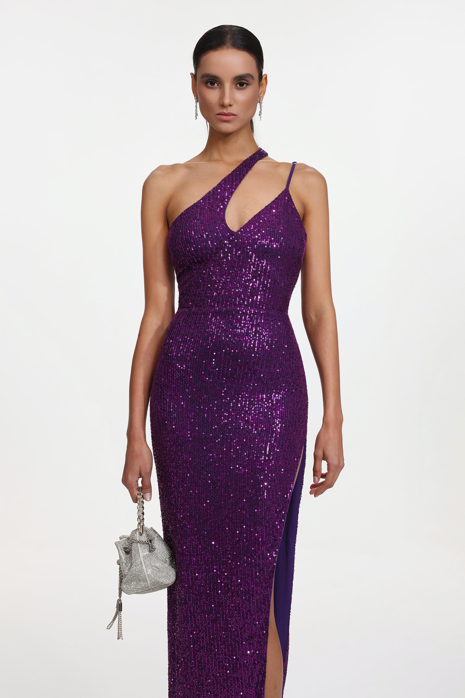 Julieta Glamorous Contour Sleeveless Asymmetric Sequin Maxi Dress