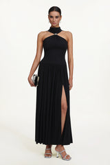 Vincy Chic Contour Halter Metal Ring High Slit Maxi Dress