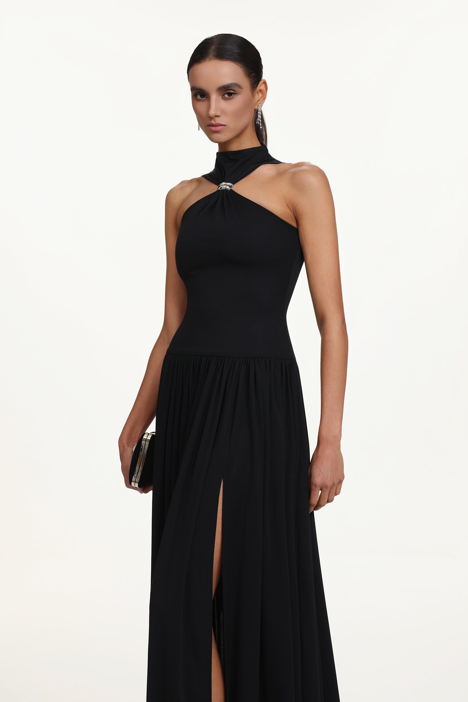 Vincy Chic Contour Halter Metal Ring High Slit Maxi Dress