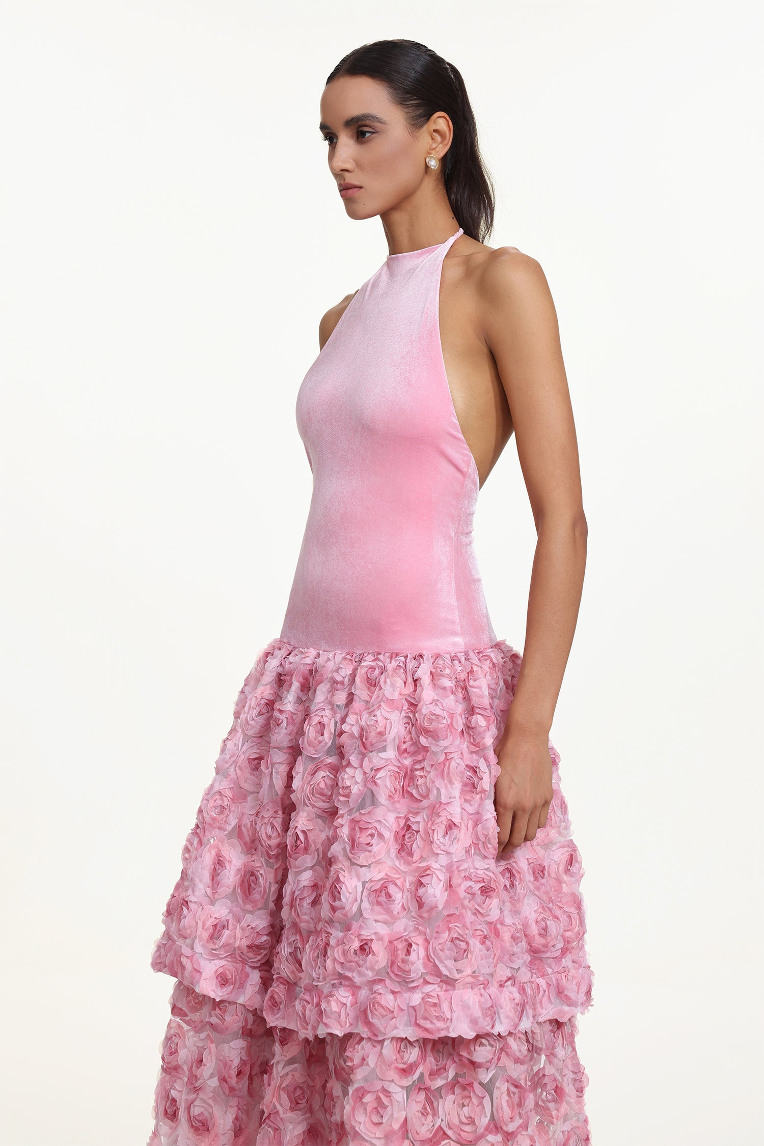 Gunnhild Romantic Contour Halter Floral Velvet Maxi Dress