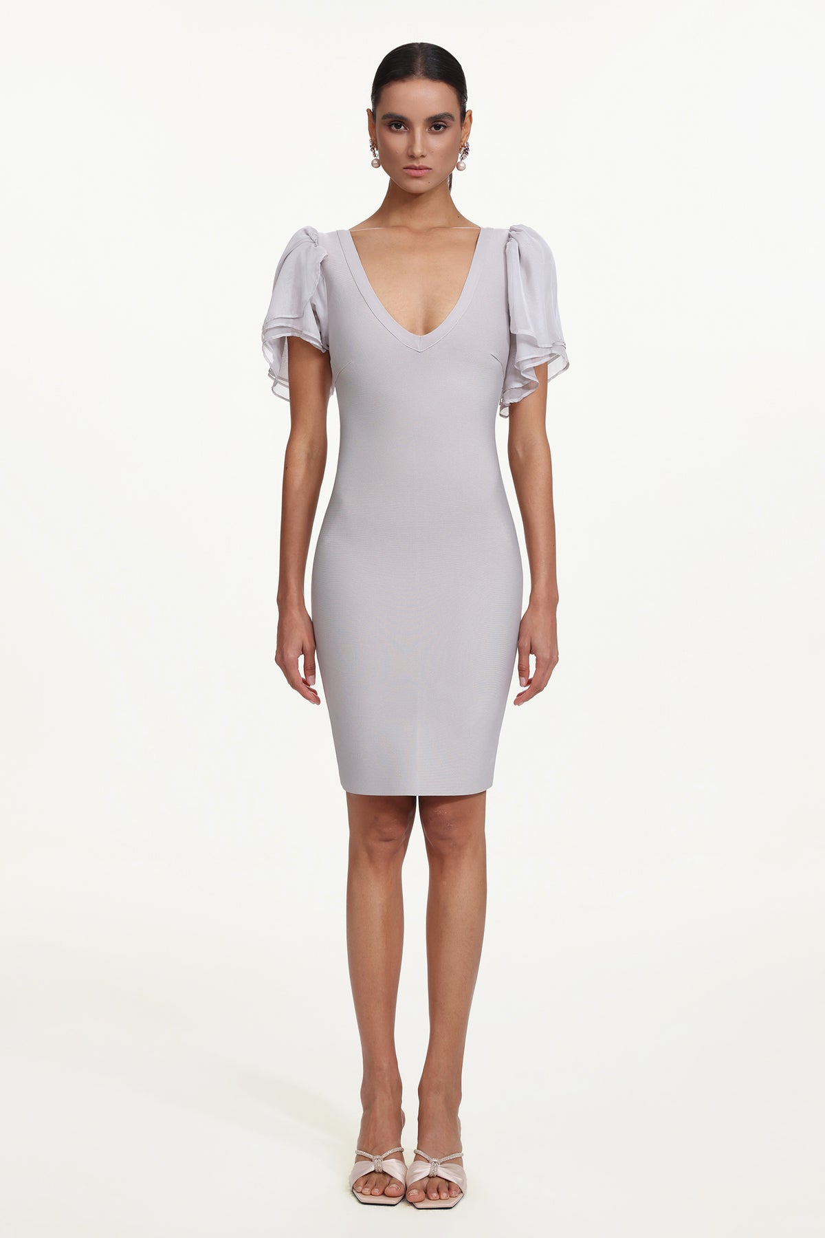Winiva Classic Contour V Neck Short Sleeve Bandage Midi Dress