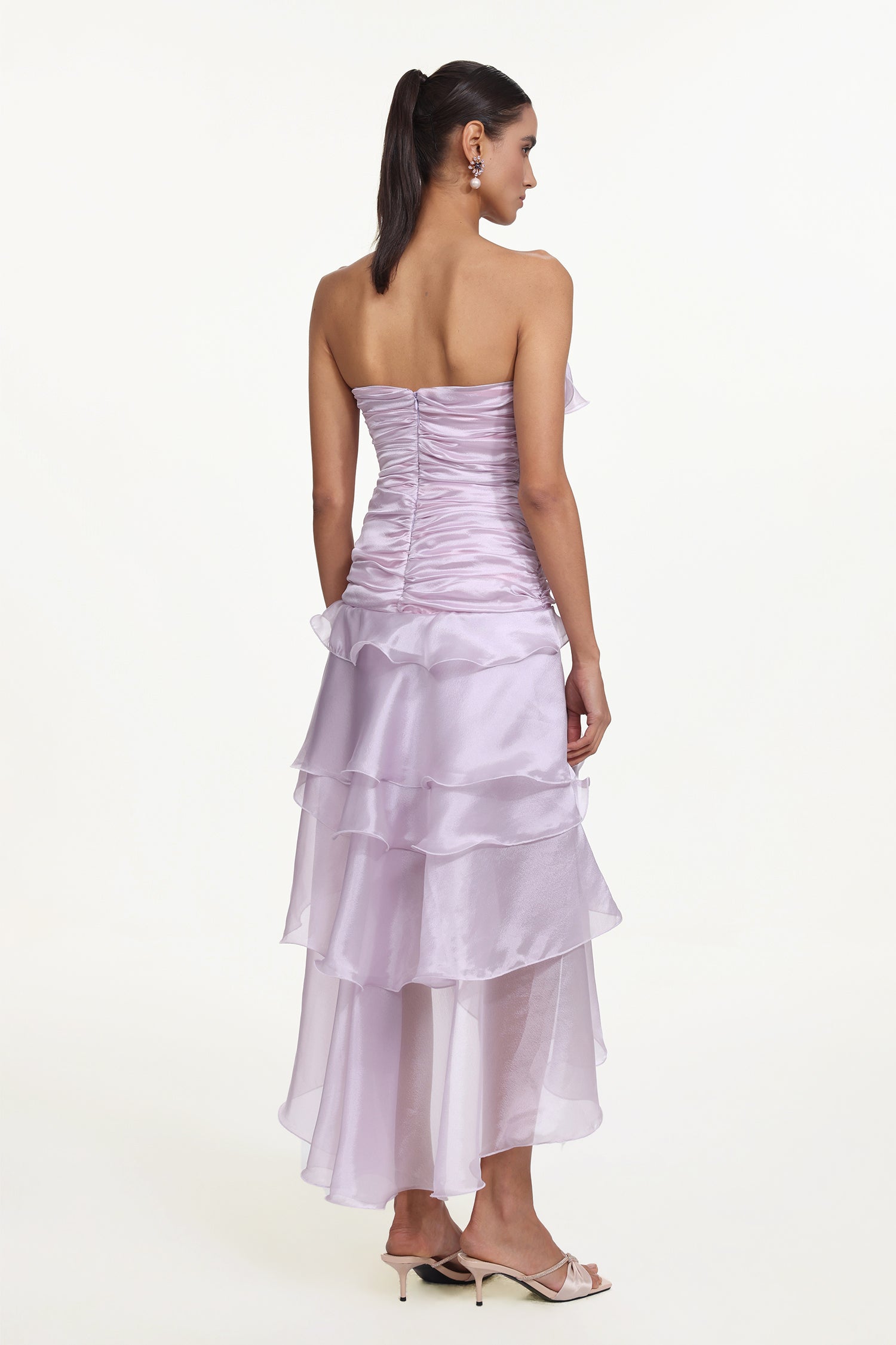 Jellay Romantic Flowy Strapless Asymmetric Ruffle High Slit Maxi Dress