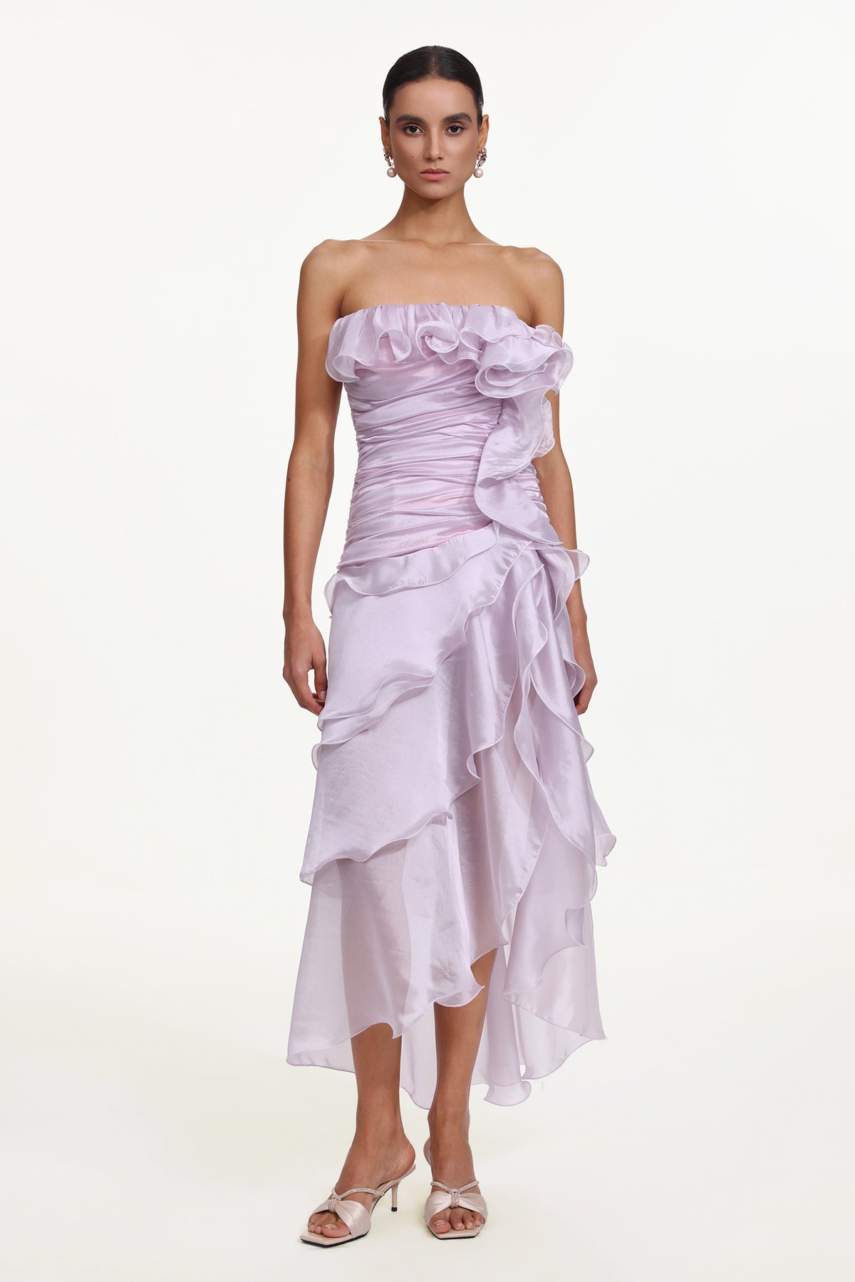 Jellay Romantic Flowy Strapless Asymmetric Ruffle High Slit Maxi Dress