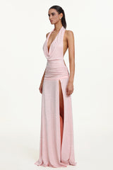 Hoshi Chic Contour Halter Deep V Ruched Crystal Maxi Dress