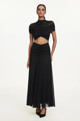 Iaka Chic Contour Sleeveless Cut Out Ruched Mesh Maxi Dress