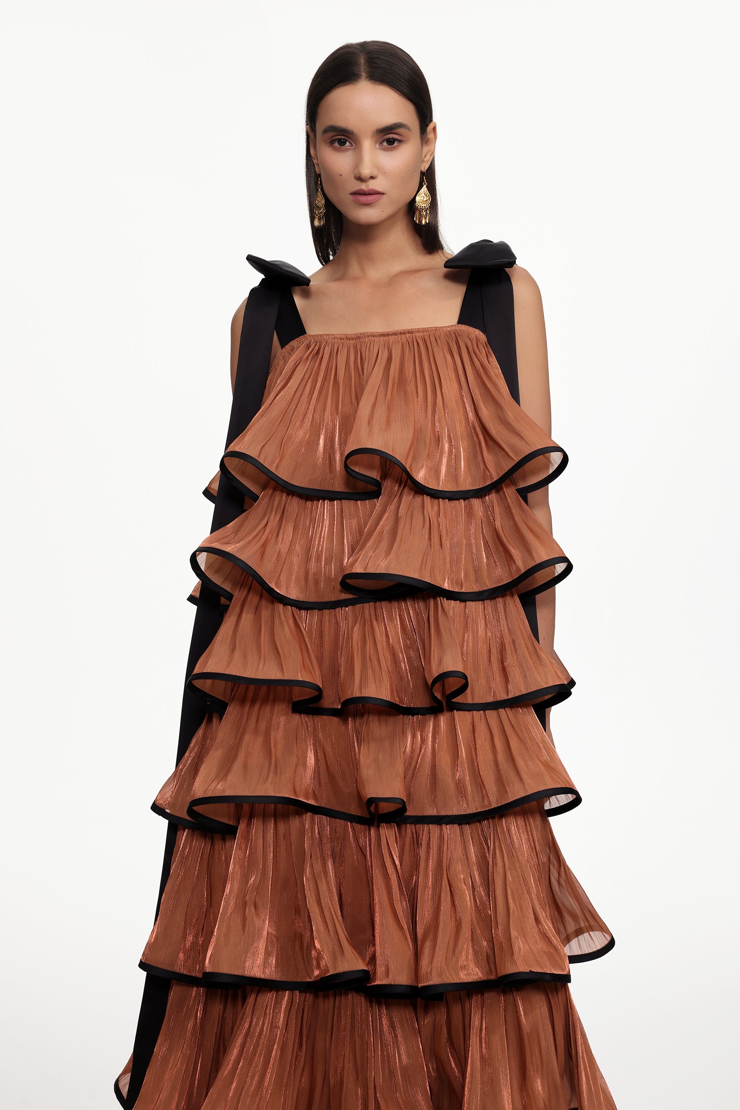 Uareni Resort Flowy Bow Strap Pleated Organza Maxi Dress