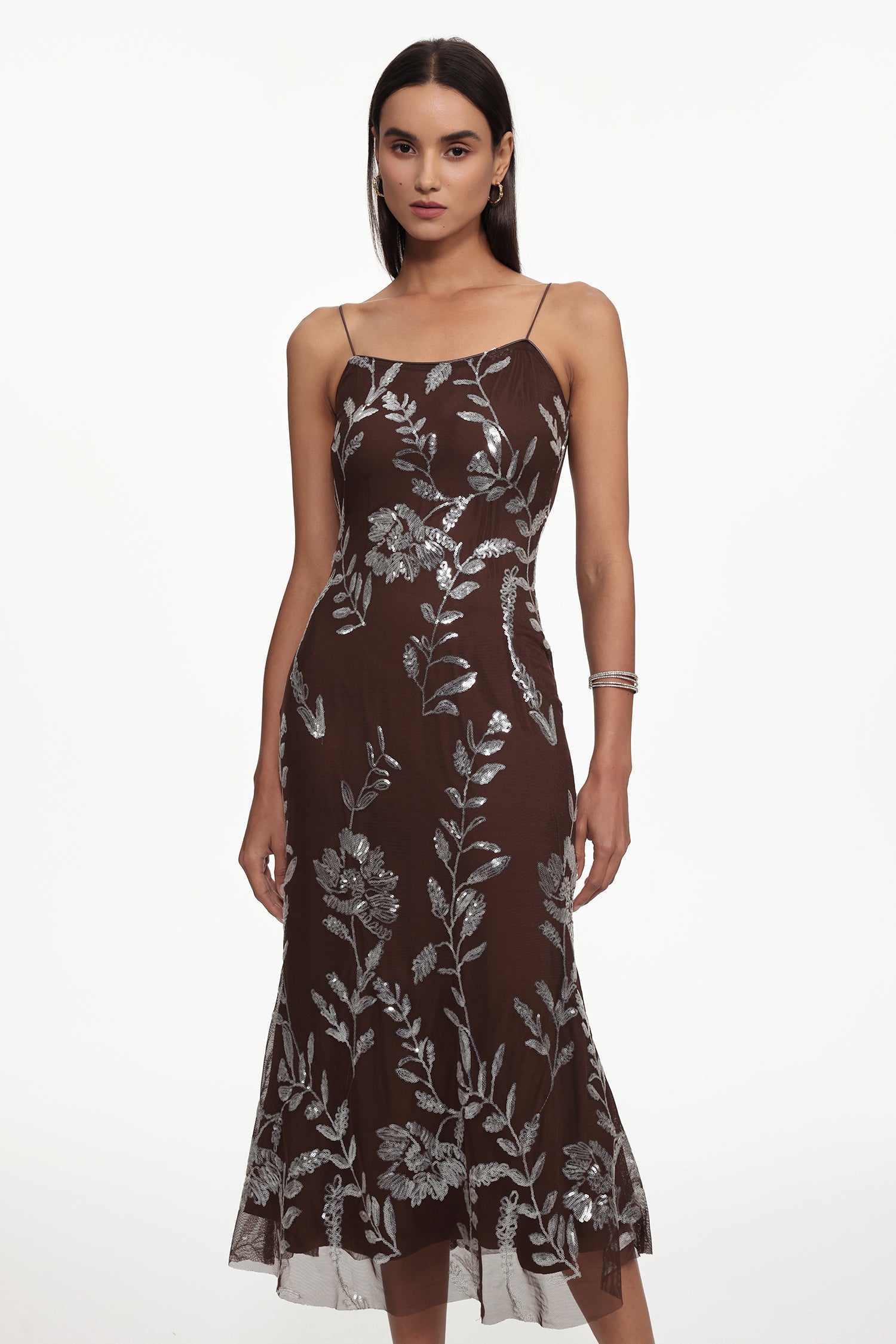 Selien Elegant Contour Sleeveless Floral Sequin Embroidered Mesh Maxi Dress