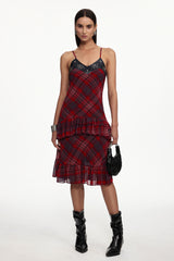 Sabrana Chic Flowy Sleeveless Ruffle Plaid Chiffon Midi Dress