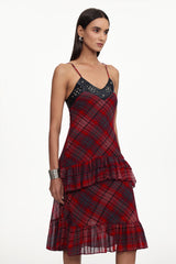 Sabrana Chic Flowy Sleeveless Ruffle Plaid Chiffon Midi Dress