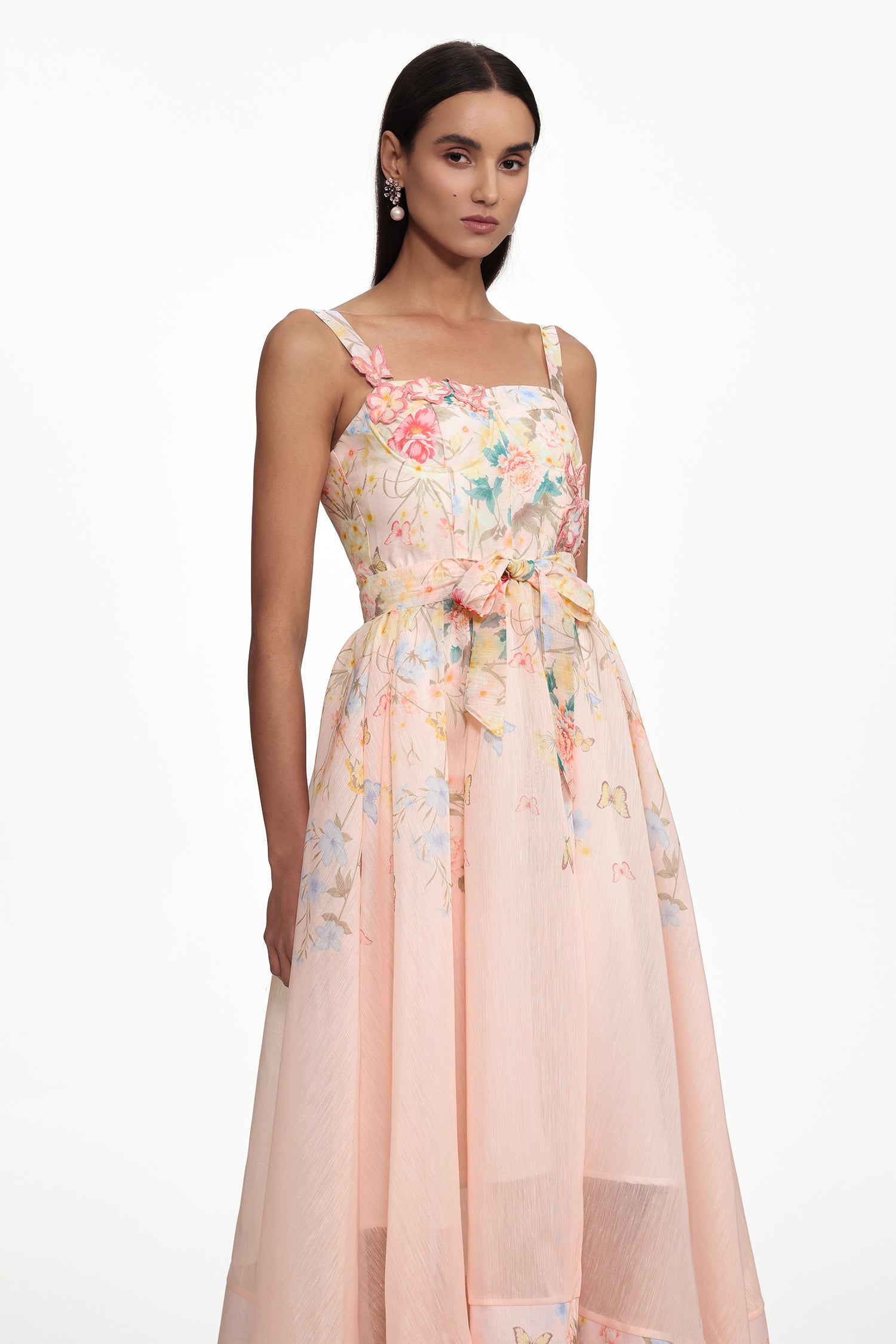 Takila Resort Cinched Sleeveless Butterfly Floral Print Woven Maxi Dress