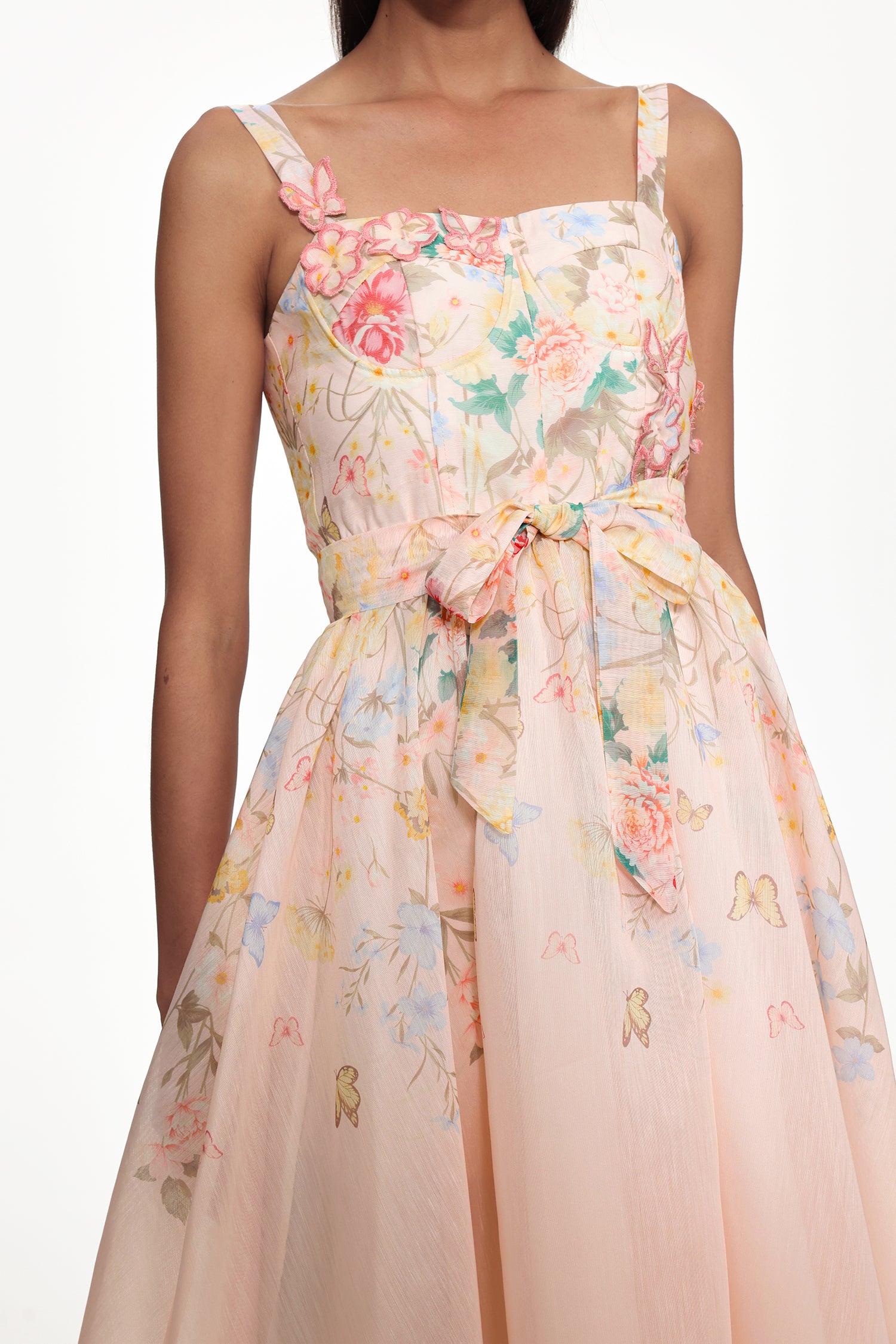 Takila Resort Cinched Sleeveless Butterfly Floral Print Woven Maxi Dress