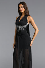 Pelze Chic Contour V Neck Rhinestone Pleated Chiffon Maxi Dress