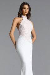 Fahrenheit Elegant Contour Halter Ruched Lace Maxi Dress