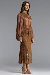 Odelia Elegant Flowy Long Sleeve Rhinestone Ruched Top and Skirt Set