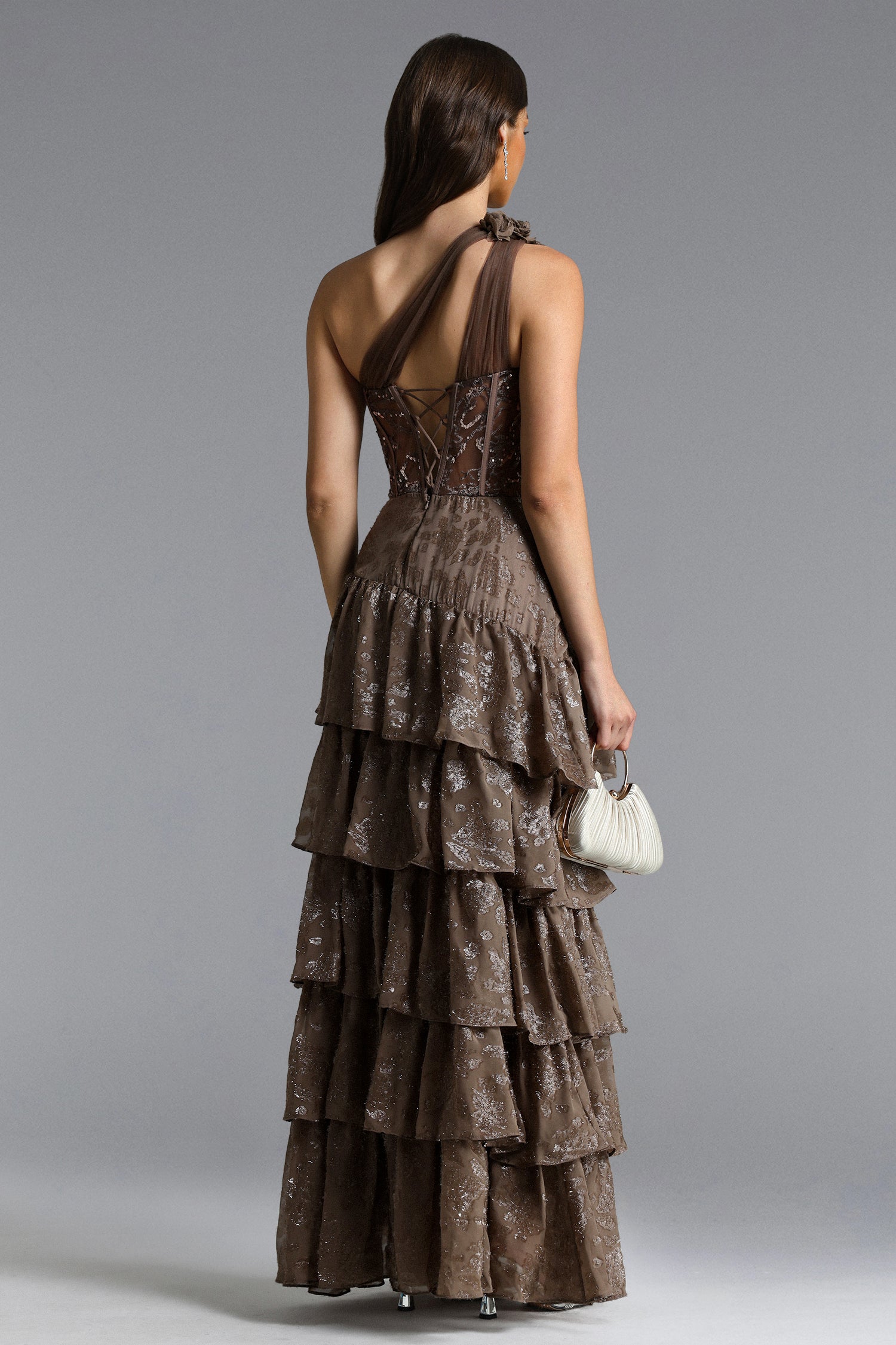 Hedar Romantic Tailored One Shoulder Cut Out Ruffle Embellished Sequin Maxi Dress