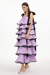 Uareni Resort Flowy Bow Strap Pleated Organza Maxi Dress