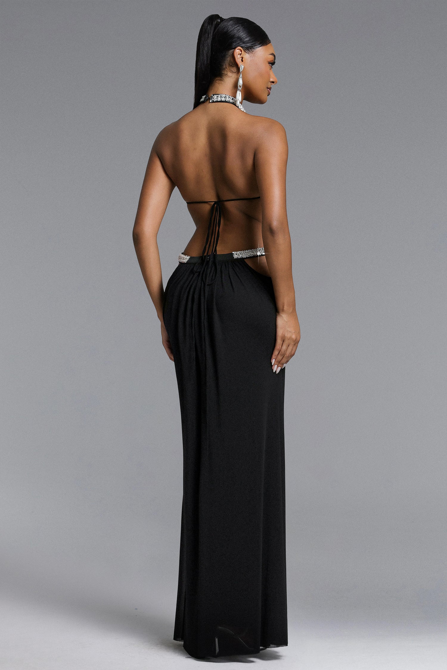 Evelina Chic Flowy Halter Open Back Ruched Maxi Dress