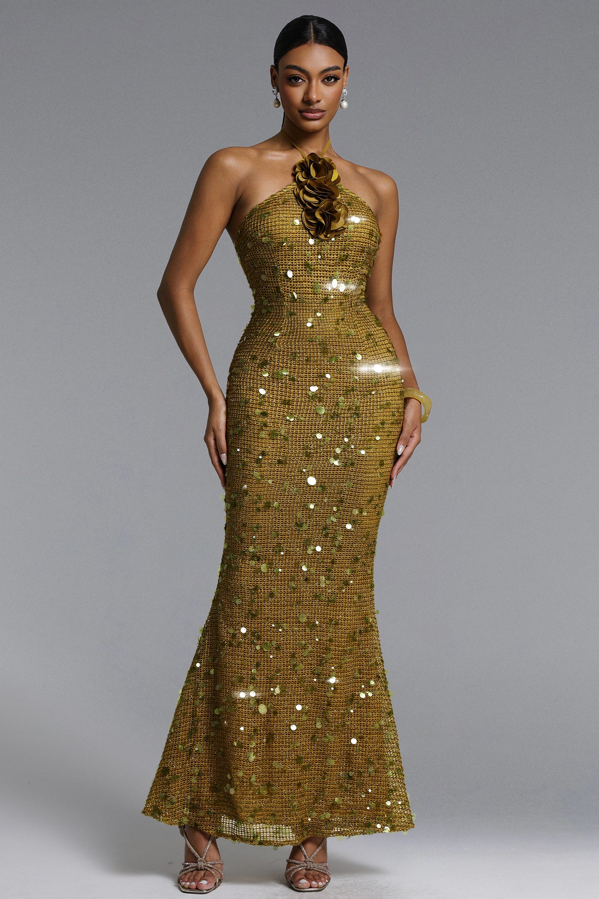 Liza Elegant Contour Halter Floral Sequin Maxi Dress