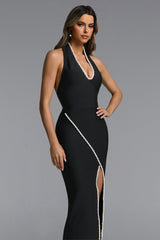 Keeli Elegant Contour Halter Pearl High Slit Maxi Dress