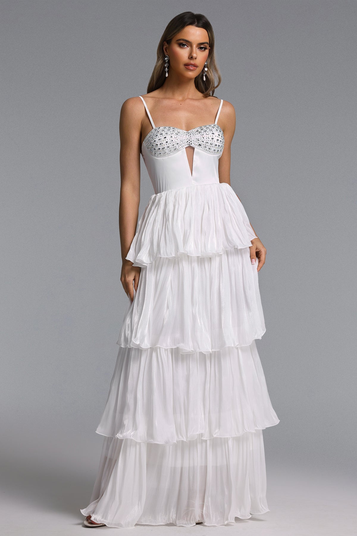 Slaia Elegant Flowy Cut Out Rhinestone Tiered Ruffle Maxi Dress