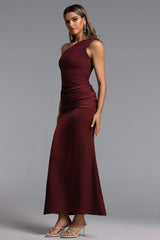 Suky Elegant Contour One Shoulder Pleated Satin Maxi Dress