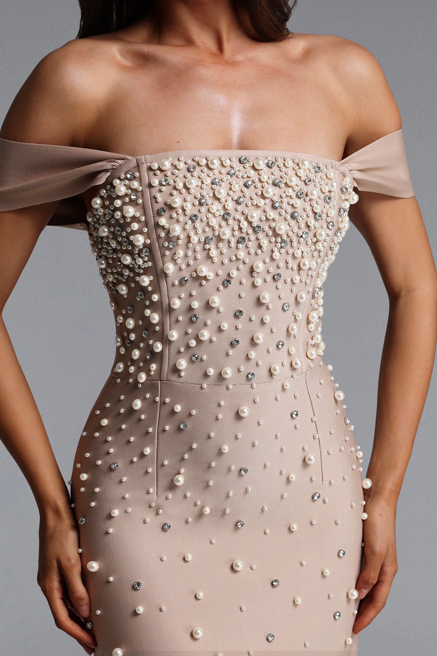 Jaylee Glamorous Off Shoulder Pearl Rhinestone Bandage Maxi Dress