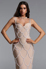 Pull Elegant Contour Sleeveless Pearl Bandage Maxi Dress