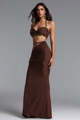Lerla Chic Flowy Beaded Chain Top and Ruched Skirt Set