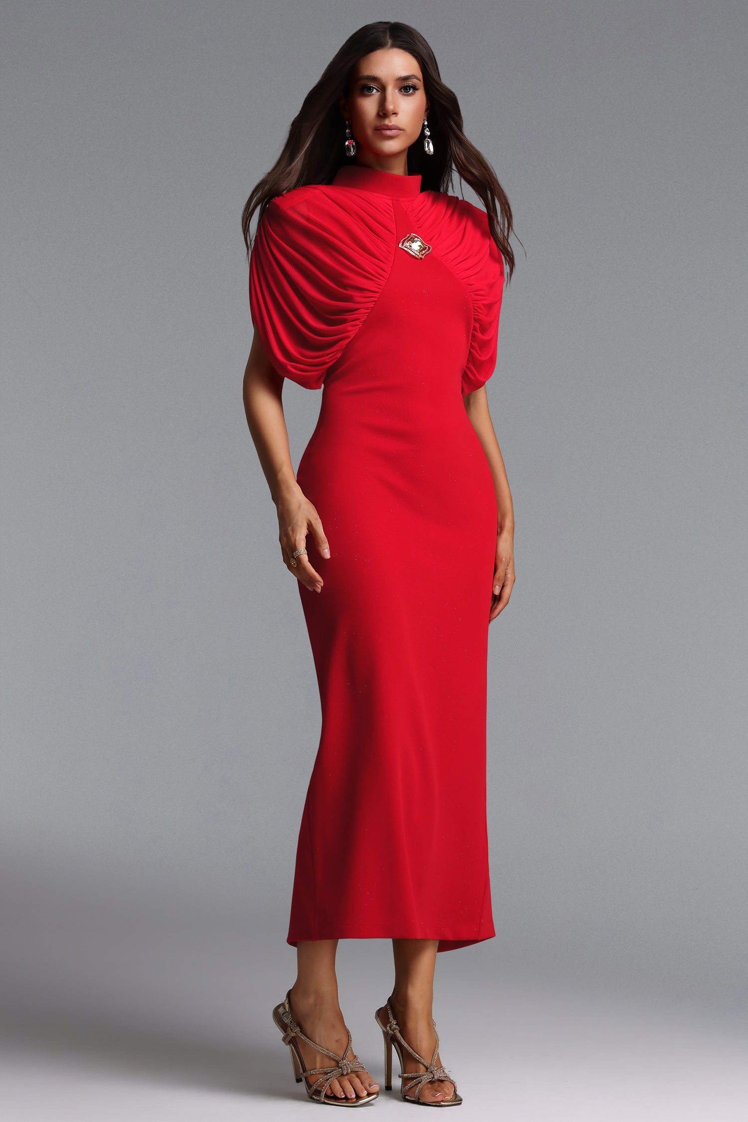 Tessy Chic Tailored High Neck Ruched Maxi Dress