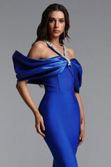 Sloan Halter Diamond Off Shoulder Bandage Blue Maxi Dress