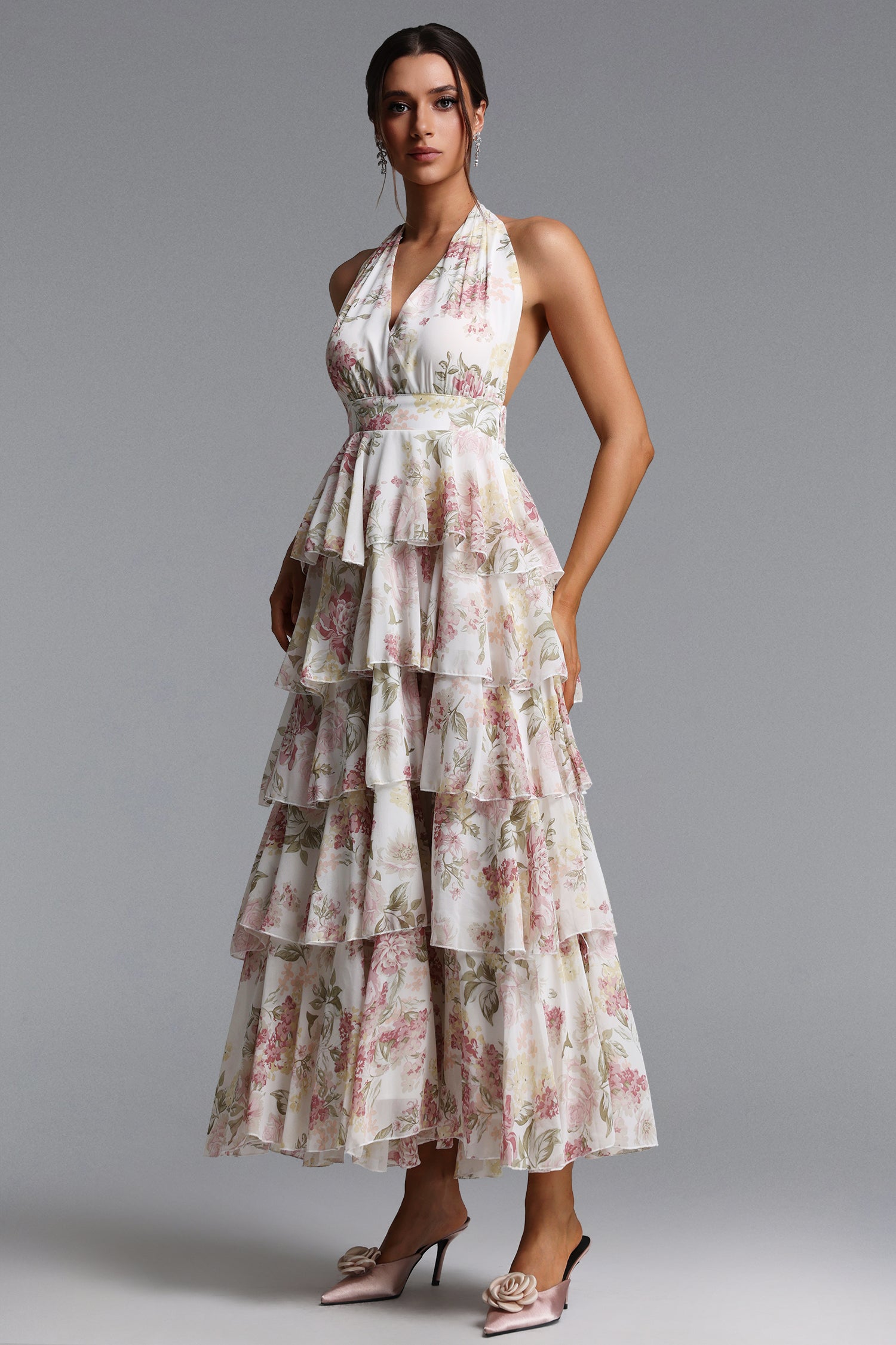 Silas Romantic Flowy Halter Deep V Tiered Ruffle Floral Print Maxi Dress