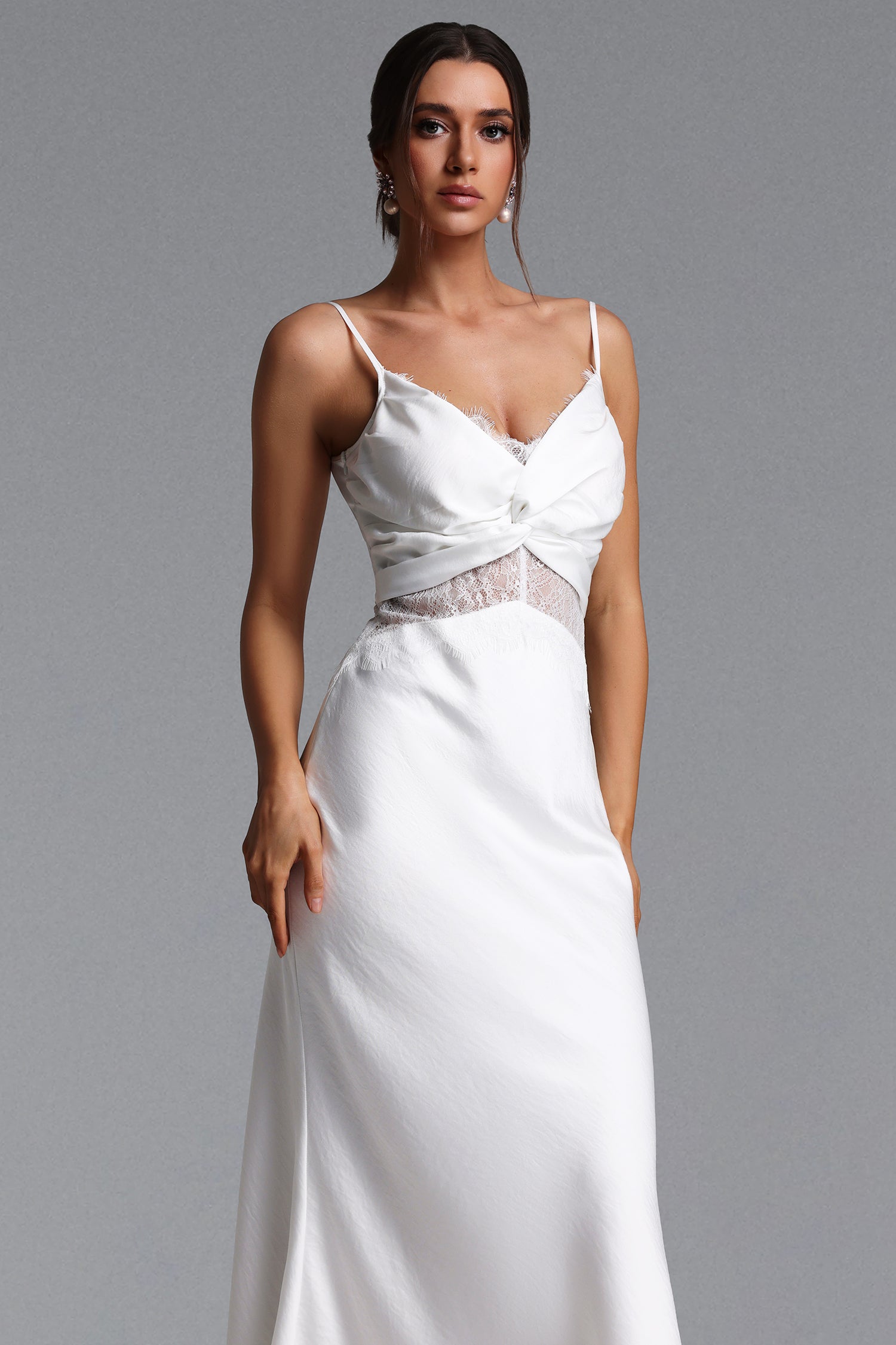 Locava Elegant Contour Deep V Cut Out Lace Satin Maxi Dress