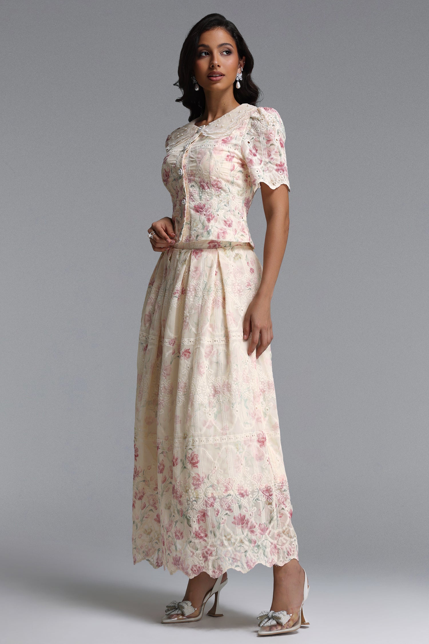 Ignacia Romantic Flowy Short Sleeve Floral Print Embroidered Woven Top and Skirt Two Piece Set