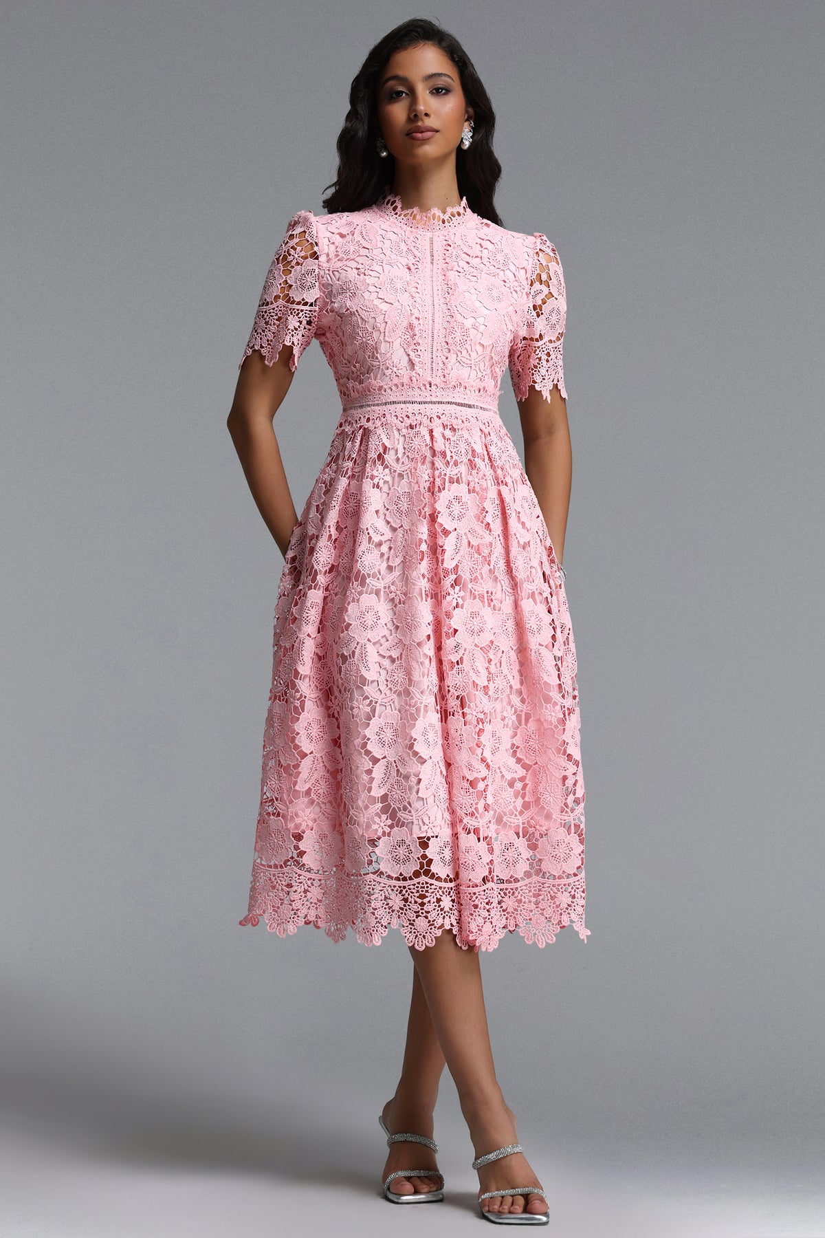 Valema Resort Flowy Short Sleeve Floral Lace Midi Dress