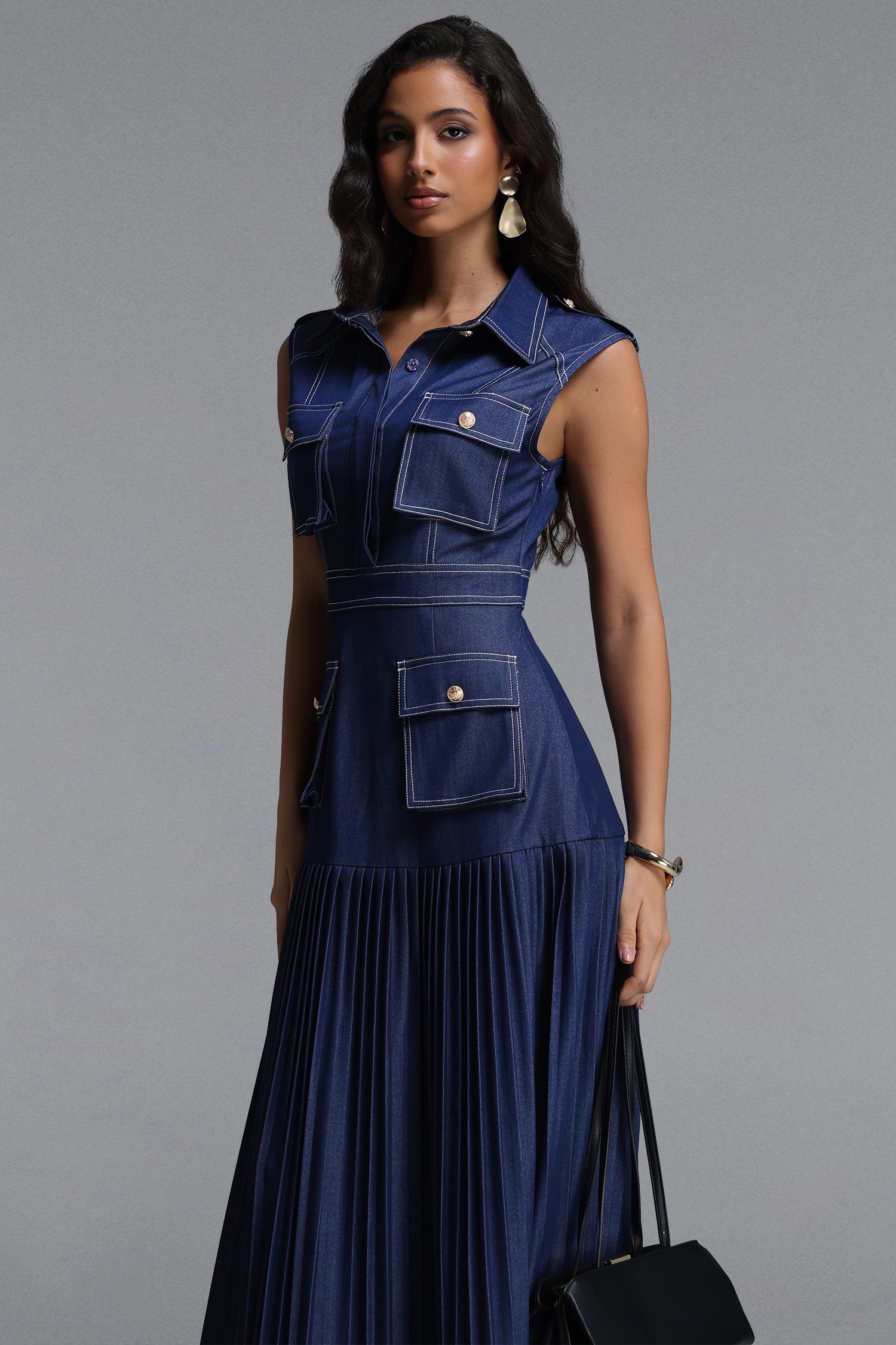 Jouy Elegant Tailored Sleeveless Pleated Denim Maxi Dress